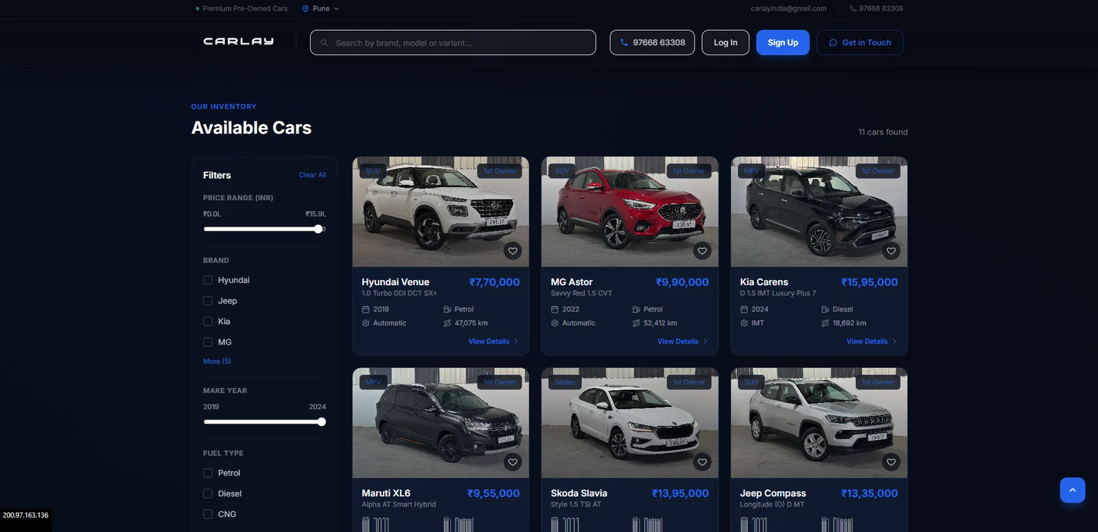 Carlay car buying and inventory platform, desktop view