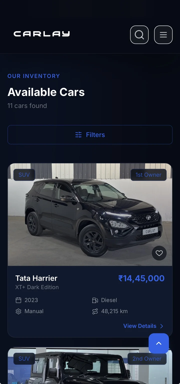 Carlay car buying and inventory platform, mobile view
