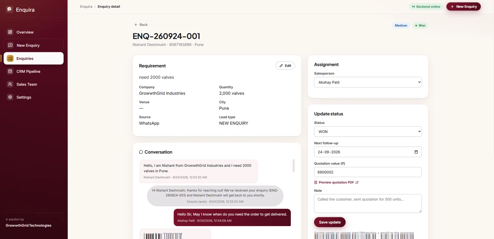 Enquira CRM with WhatsApp automation, desktop view