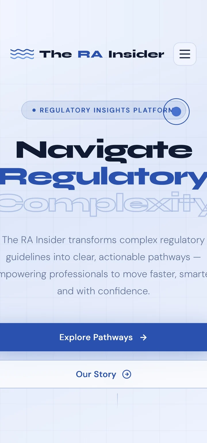 The RA Insider regulatory affairs website, mobile view